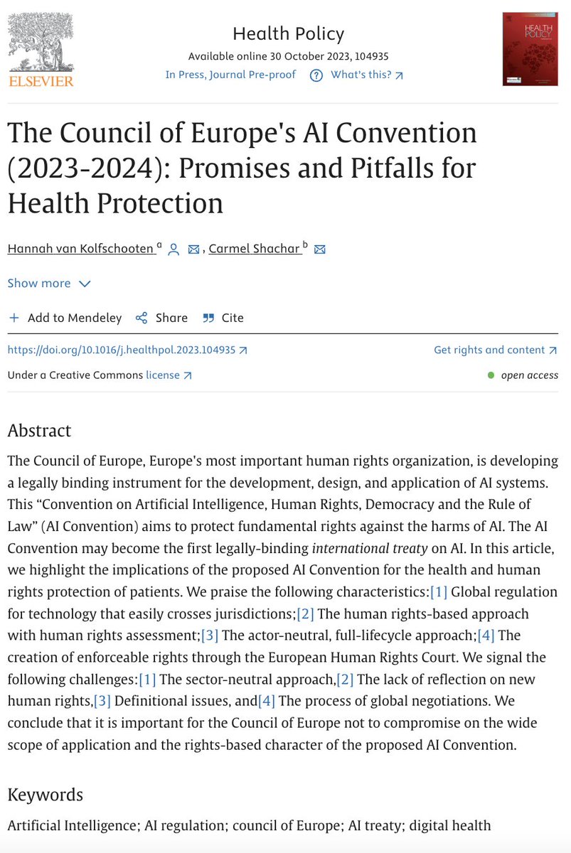 Check out our paper on the Council of Europe's forthcoming #AI #Convention in @healthpolicy! Available open access 🔓: sciencedirect.com/science/articl…. Great collaboration with @CarmelShachar and good memory of my research stay at @Harvard_Law & @PetrieFlom.