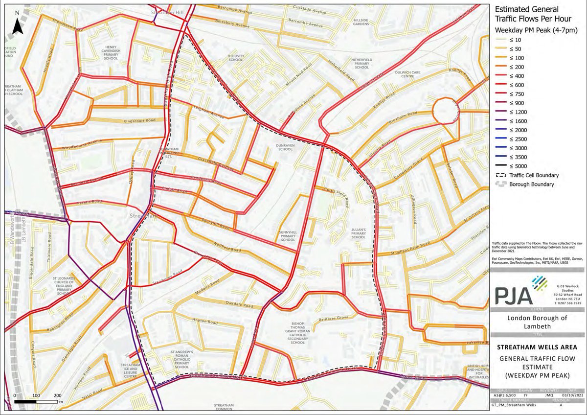 StrWellsLTNEye's tweet image. Pre LTN estimated hourly traffic flows on weekdays from 4PM to 7PM. Note the purple sections within the LTN and on boundary roads. I have counted sometimes 300+ motor vehicles going through what was the Valley Road roundabout (at the jnct with Gleneldon Rd) in a 15-minute period.