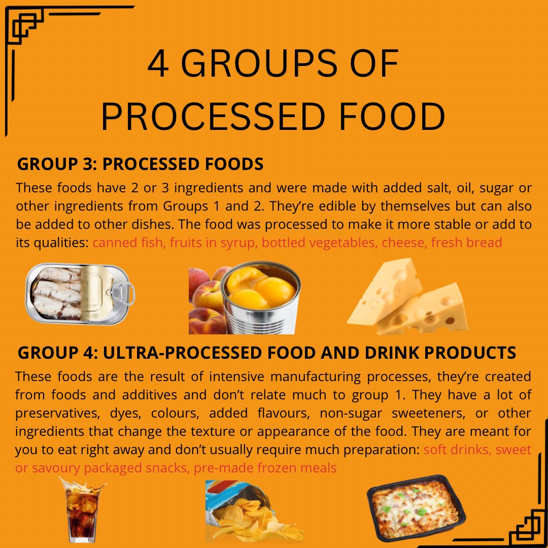 rch100pr's tweet photo. Did you know that there are 4 groups of processed foods? 

#processedfood #ultraprocessedfood #healthyeating #healthydiet #nutrition #livelongnhs #rch100 #health #longevity #healthlongevity #healthlyliving #wellness #healthandwellness #healthylongevity https://t.co/DJ1ip639xv