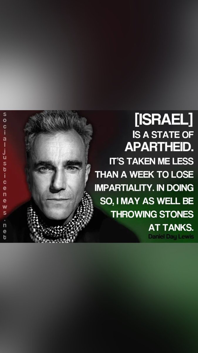 khalilhanoun's tweet image. عام 2005 زار الممثل "دانيال داي لويس" غزة وعايش غطرسة وجرائم الاحتلال عن قرب، ليروي تجربته ومشاعره وموقفه في مقال مؤثر من خمس صفحات أثار يومها غضب الكيان وزمرته، وهذه مقتطفات منه:

"هذه دولة الفصل العنصري. لقد استغرق الأمر مني أقل من أسبوع حتى أفقد الحياد. ومن خلال هذا ربما أرمي…