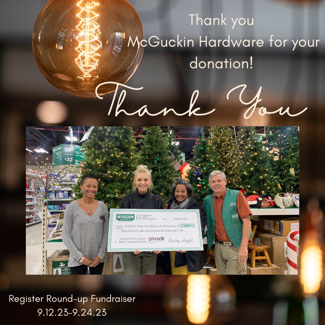 Thank you to our local hardware store, McGuckins Hardware, for donating $3,835.47 from the 68th Anniversary Celebrations Register Round-up fundraiser for SPAN! Thank you to the community for Rounding Up!!