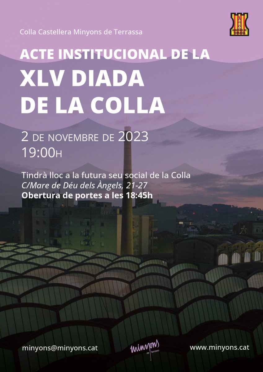 Aquest dijous, 2 de novembre a les set de la tarda celebrarem l’Acte Institucional de la XLV Diada de la Colla. Tindrà lloc al pati de Cal Reig, el que serà la futura seu social dels Minyons. No hi falteu! #Terrassa #Castells