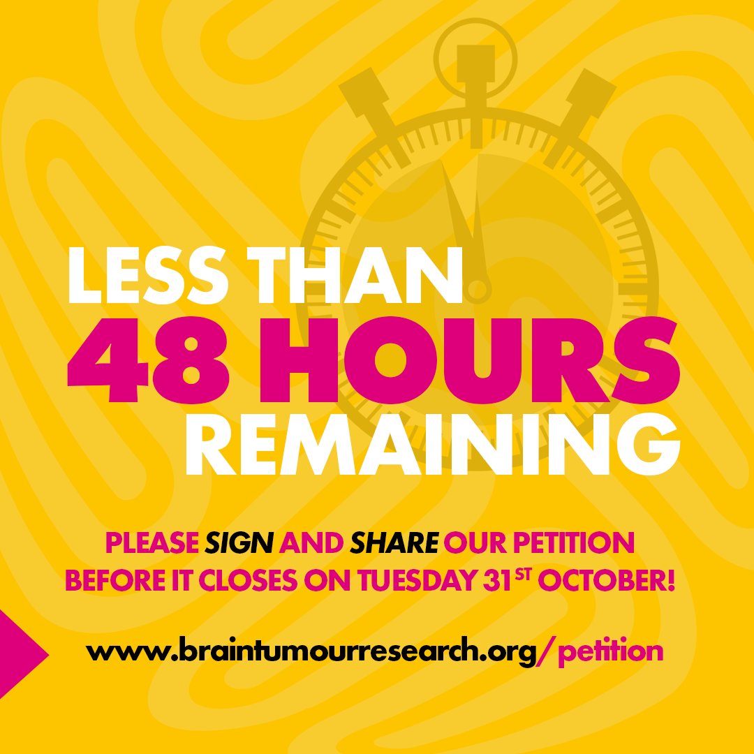 URGENT! ⏰ 

There's less than 48 hours left to make a difference and we need your help! 

We are calling on the Government to ring-fence £110 million of funding to kick-start an increase in the national investment in brain tumour research.

Please sign ➡️ bit.ly/3tXcIXR