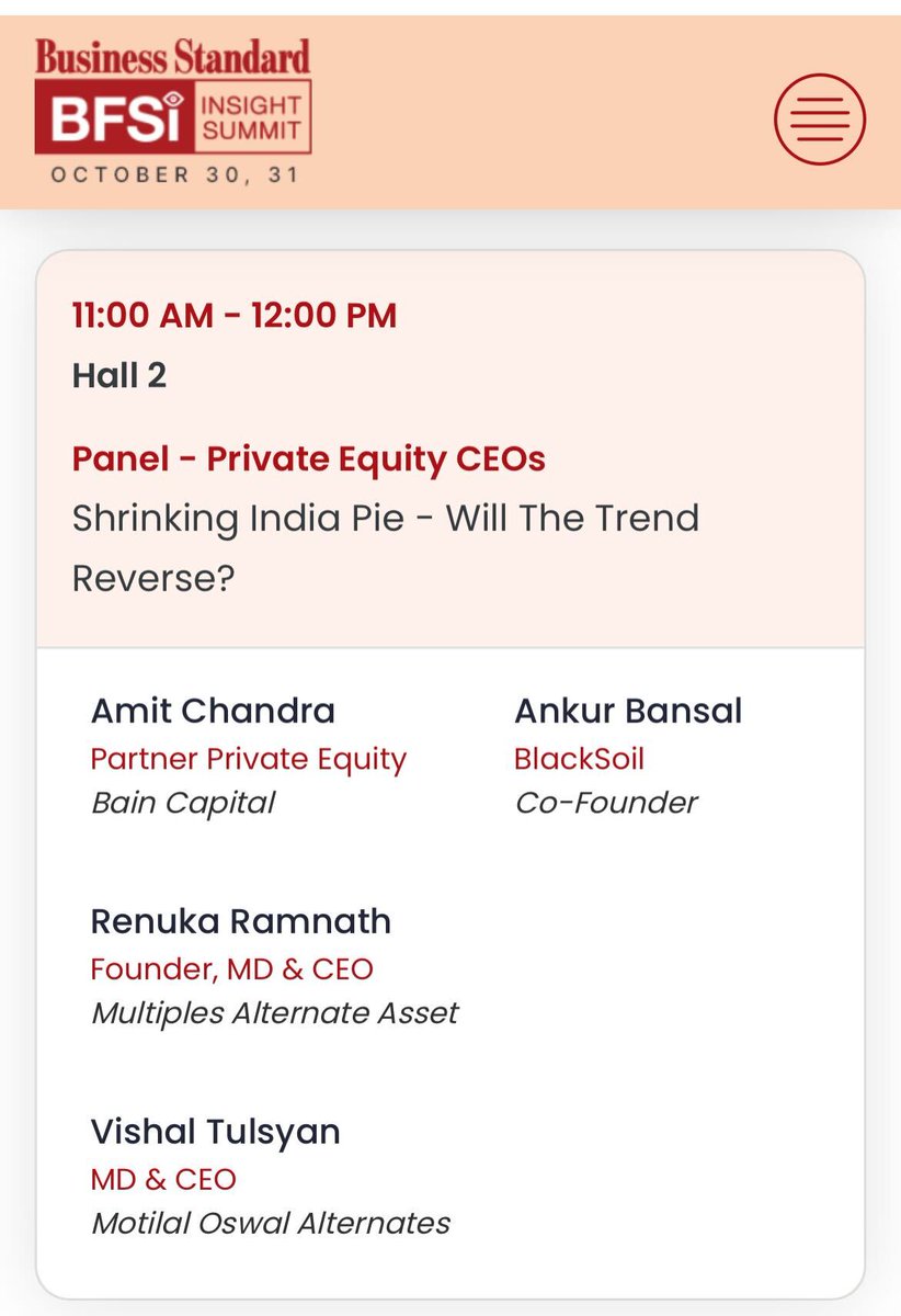 Exciting news!
Our Cofounder, Ankur Bansal will be at the <a href="/bsindia/">Business Standard</a> BFSI Insight Summit 2023 tomorrow, the 31st Oct, discussing the current PE-VC landscape with eminent industry leaders. Join in for an interesting session. 

#bsbfsi #bsbfsiinsightsummit #pe #vc #funding #blacksoil
