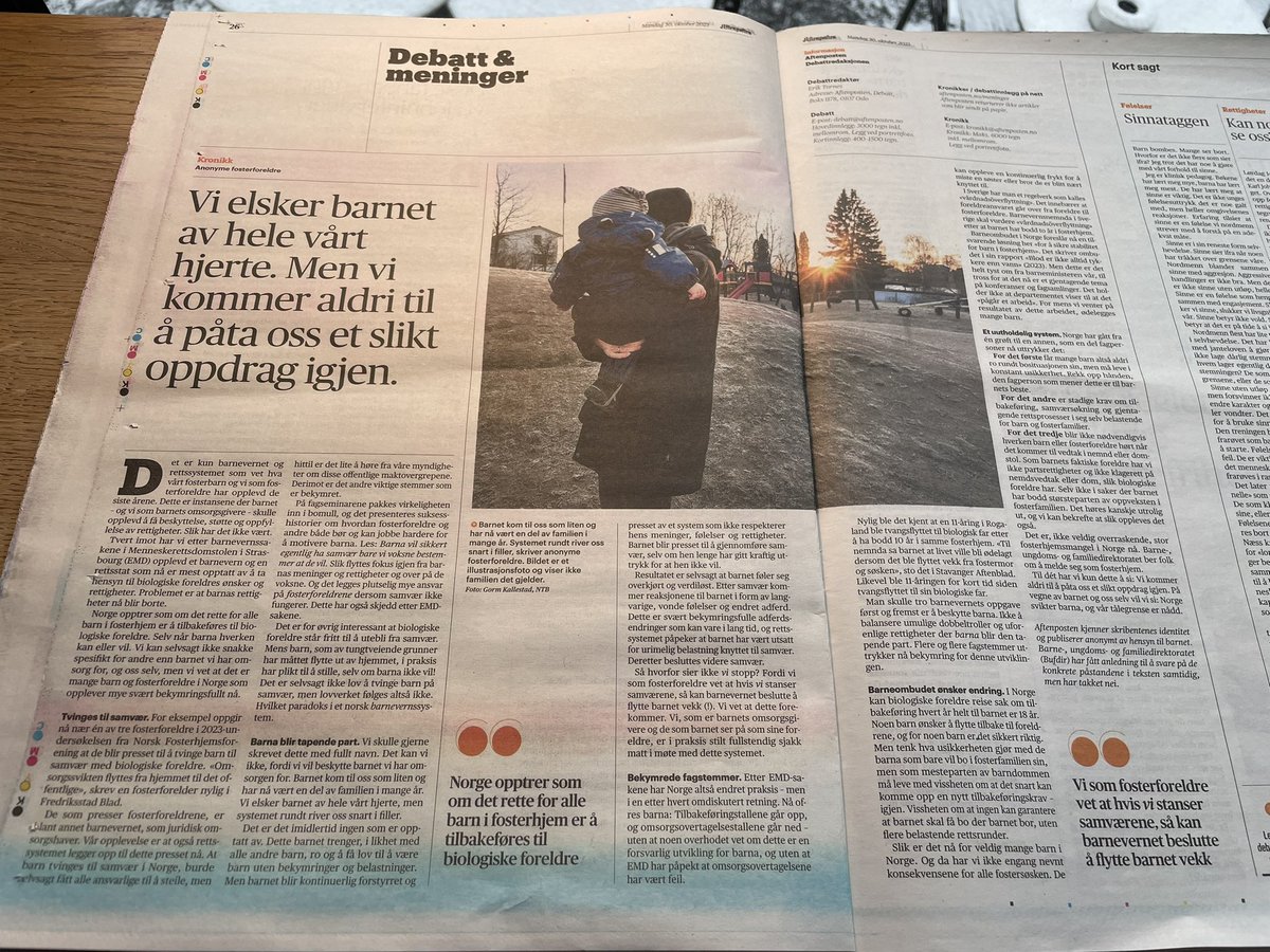 Utrolig viktig sak i <a href="/aft_meninger/">Aftenposten meninger</a> - Vedtak må ha barnas beste som førsteprioritet, ikke de biologiske foreldrenes behov <a href="/bufdir/">Bufdir</a> #barnevern #fosterhjem #barnsrettigheter #fosterforeldre