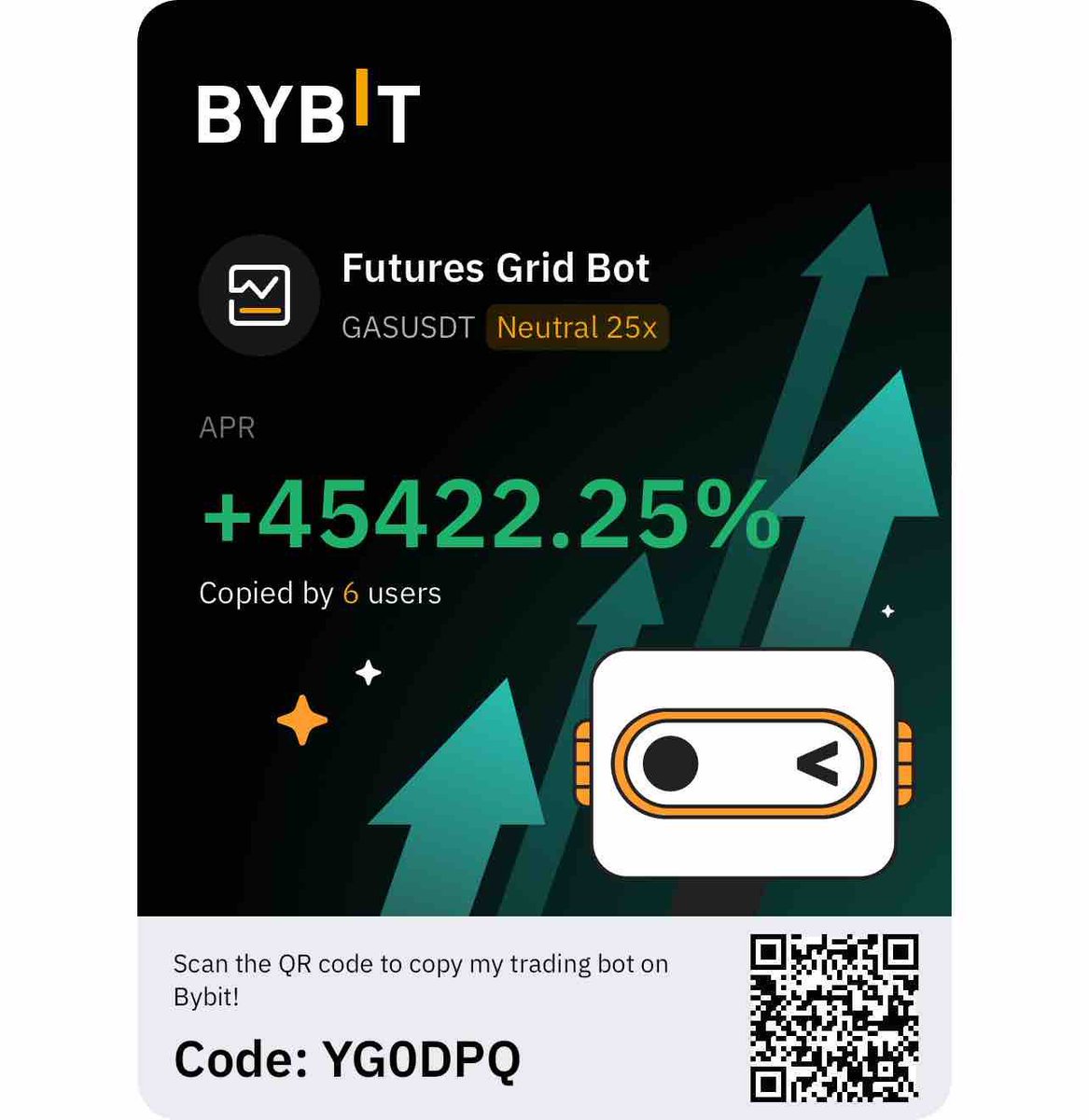 My bot is making Mula for 6 people right now excluding me! Lets goooo! 🤩 I've achieved an APR of  45422.25% with Futures Grid Bot on Bybit! Click the link and copy my strategy for free: bybit.com/en-US/tradingb…