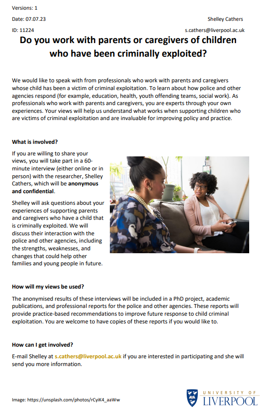 Would you like to share your perspective on #police and #partneragency response to #childcriminalexploitation?

Please see the poster for more information and email s.cathers@liverpool.ac.uk to get involved.

#countylinesCCE #cce #childexploitation #criminalexploitation