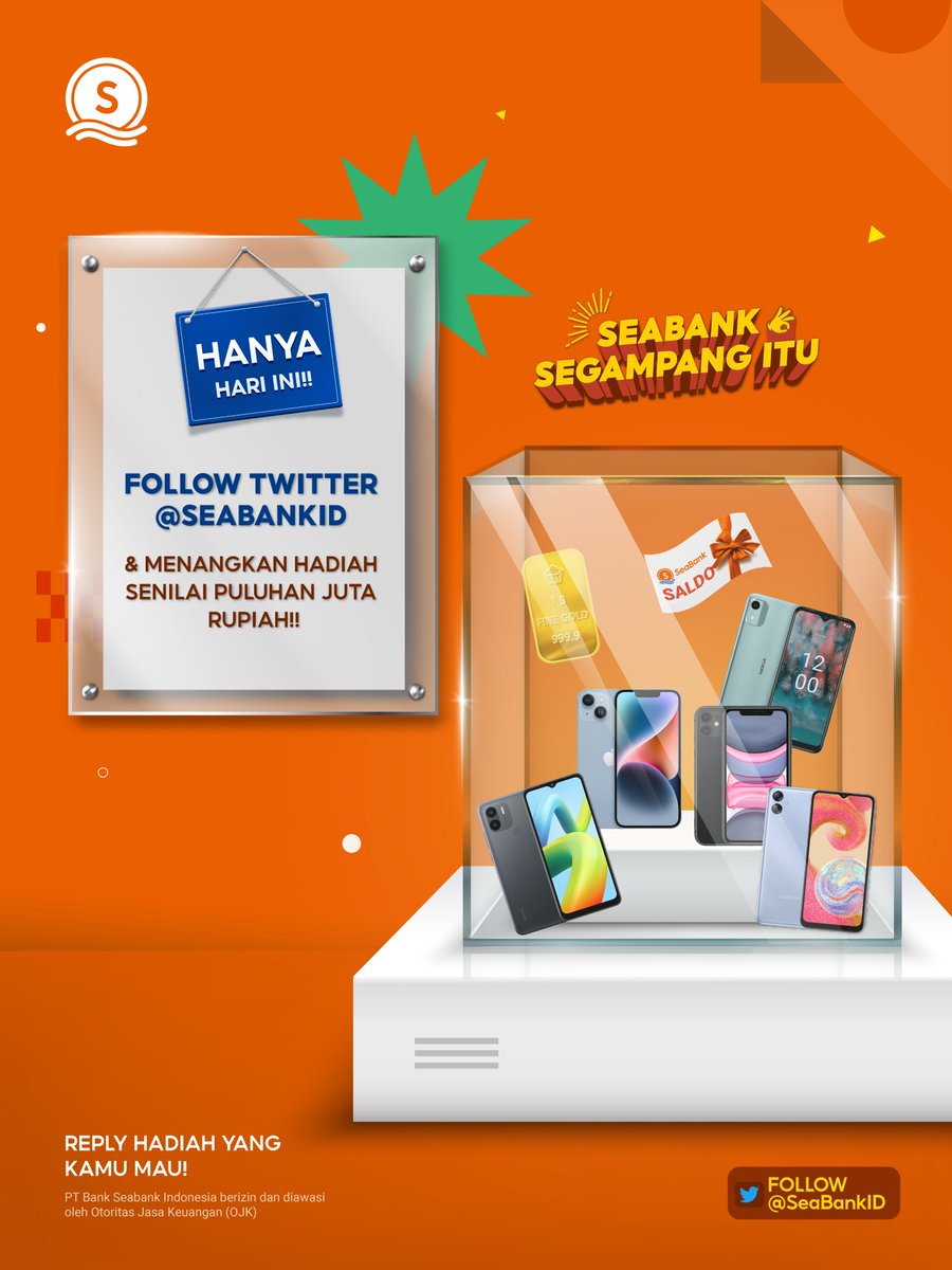SeaBankID's tweet photo. 📣PENGUMUMAN PENTING!!📣
KESEMPATAN TERAKHIR MEMILIH HADIAH DARI TWITTER SEABANK!😱✨ 

Langsung aja PILIH HADIAH-HADIAH SPESIAL di Twitter SeaBank dari giveaway #SeaBankSegampangItu!🤩 
LIKE &amp; REPLY HADIAH YANG KAMU MAU supaya bisa mimin catet nama kamu sebagai pemenang!!🤗 https://t.co/K4MjH2s1Ps