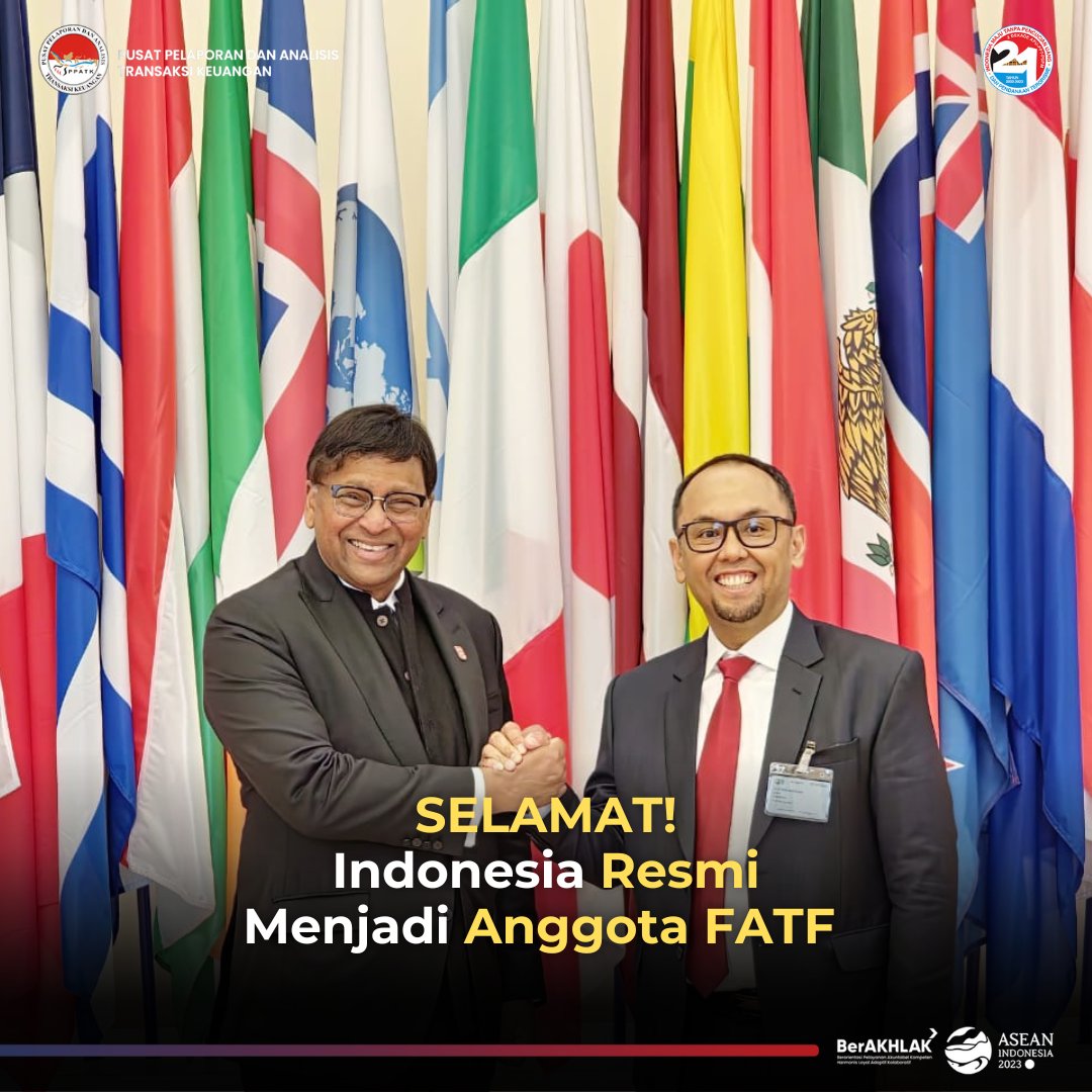 Kabar gembira!

Indonesia resmi menjadi anggota penuh FATF secara aklamasi sejak  tanggal 25 Oktober 2023.

Hal ini disampaikan langsung oleh presiden FATF, Mr. T. Raja Kumar di Paris, Perancis. 

#PPATK #FATF #JagaIntegritas