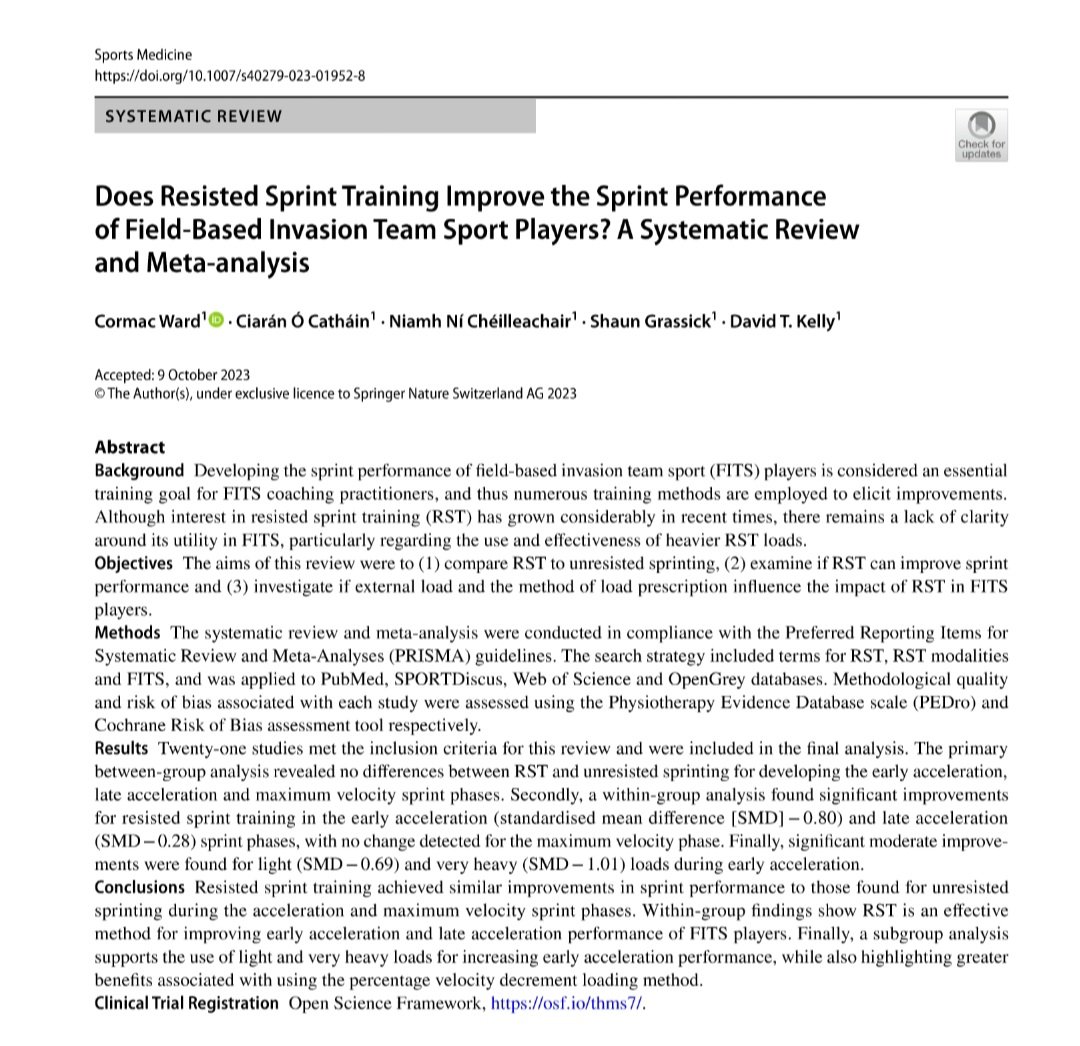 Thrilled to share the first study of my PhD, 'Does Resisted Sprint Training Improve the Sprint Performance of Field-based Invasion Team Sport Players? A Systematic Review & Meta-analysis' in @SportsMedicineJ. Huge thanks to my supervisors. Full-text: rdcu.be/dpI7S