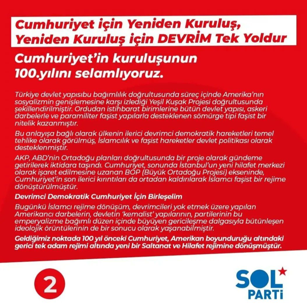 KarabukSolParti's tweet photo. Cumhuriyet için yeniden kuruluş,
Yeniden kuruluş için DEVRİM tek yoldur 

Cumhuriyet'in 100. Yılını selamlıyoruz

⭐ Devrimci Demokratik Cumhuriyet için birleşelim https://t.co/WubrHhddAt