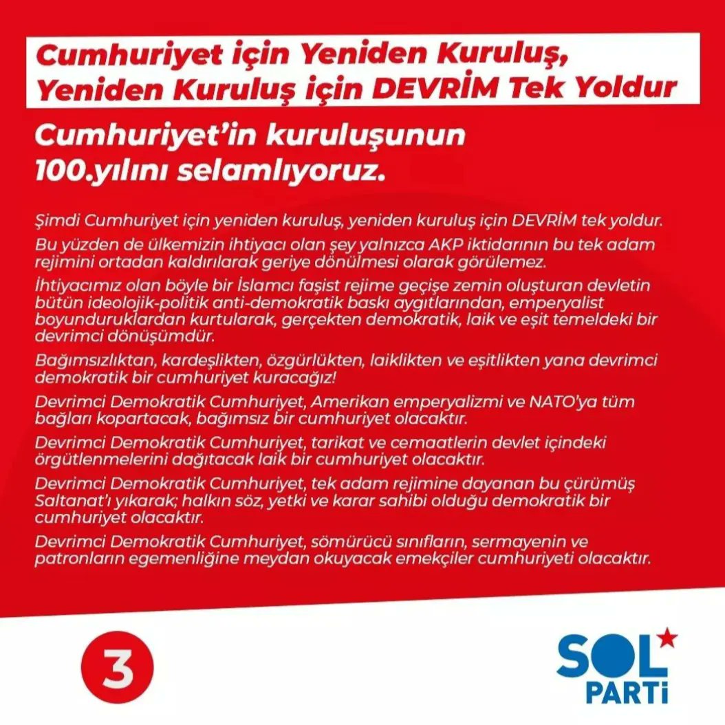 KarabukSolParti's tweet photo. Cumhuriyet için yeniden kuruluş,
Yeniden kuruluş için DEVRİM tek yoldur 

Cumhuriyet'in 100. Yılını selamlıyoruz

⭐ Devrimci Demokratik Cumhuriyet için birleşelim https://t.co/WubrHhddAt