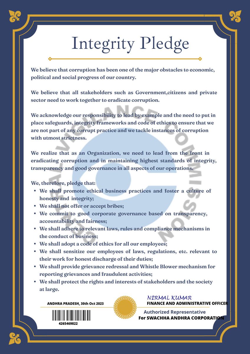SwachhaAndhra's tweet photo. As part of @CVCIndia Vigilance Awareness Week 2023, instructions of @SwachhaAndhra Mission Director @ChandruduIAS, officers and officials have taken the #Integritypledge on 30.10.2023.

#SayNoToCorruption
#CommitToTheNation
#vigilanceawarenessweek2023 
#vigilanceweek2023 https://t.co/N3IG2ZdYoQ
