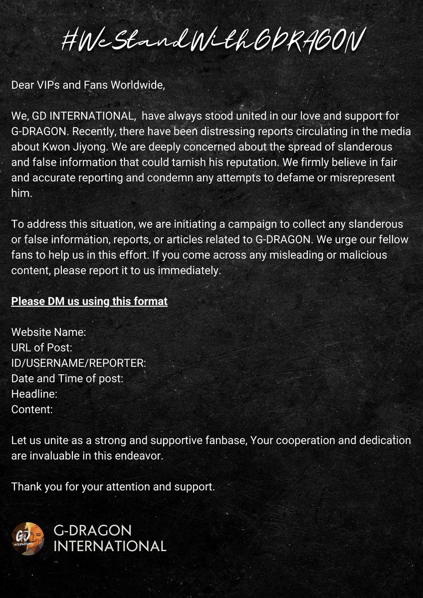 gdragonintl's tweet photo. [ANNOUNCEMENT] 

STAY STRONG G-DRAGON 
#WeStandWithGDRAGON
#항상_지드래곤의_곁에_있습니다 https://t.co/9lyhmfjxuV
