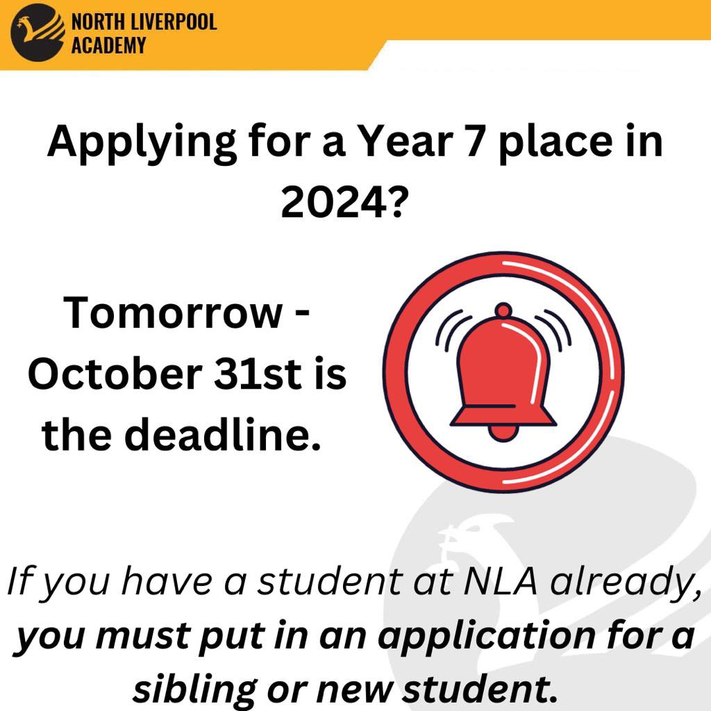 Tomorrow is the deadline for Year 7 places in 2024. All applications must be in by October 31st.