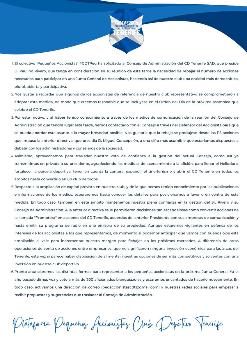 CdtPeq's tweet photo. 🔴 COMUNICADO | Futura ampliación de capital del @CDTOficial y solicitud de rebajar las 115 acciones para participar en la Junta General de Accionistas.
#CDTpeq #YoSoyElTenerife #SentimientoBlanquiazul https://t.co/YTBrirRSdI