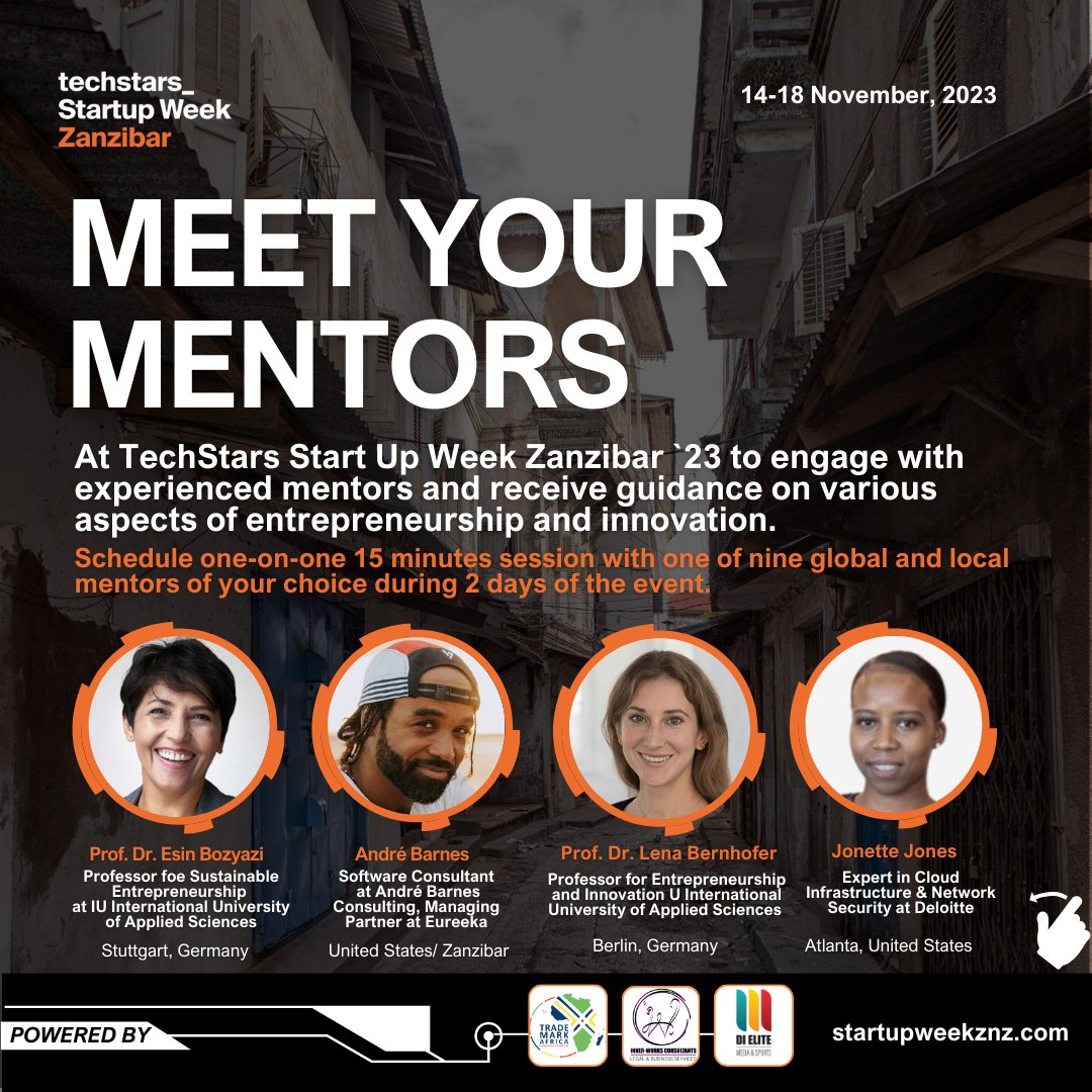 StartupweekZnz's tweet photo. 🌟 Lucky you, #startups! 🌟 
We're thrilled to introduce you to the incredible #mentors joining us from all around the world for 'Mentors Corner' during @StartupweekZnz 
Get ready to be inspired and learn from the best! 🌍
Register now. Link in bio.
#StartupWeekZanzibar2023 https://t.co/b1RRpOn3Gk