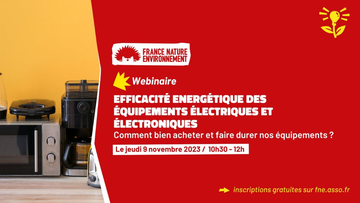 ⚡️ Comment bien acheter et faire durer nos équipements ?
🗓️ Ce jeudi 9 novembre de 10h30 à 12h nous vous proposons un #webinaire pour adopter des démarches plus durables ! #efficaciteenergetique #sobriété
👉 Inscrivez-vous ici : fne.asso.fr/actualites/web…