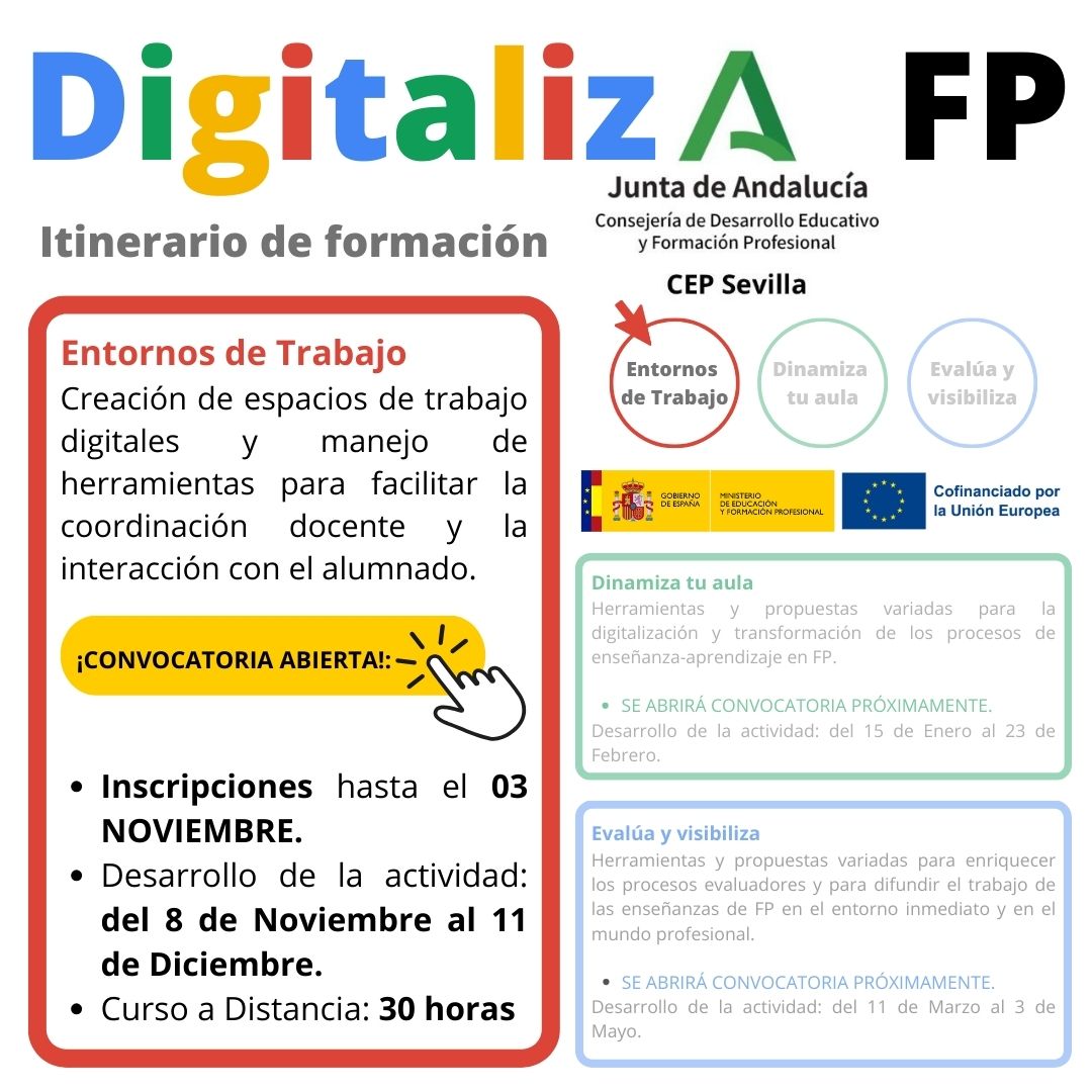 ¡Hola a tod@s! Vuelve el itinerario de formación #DigitalizaFP para TODA ANDALUCÍA <a href="/CEPdeSevilla/">CEP de Sevilla</a> #FPAndaluza <a href="/educaciongob/">Ministerio de Educación, FP y Deportes</a> 

🗓️ Inscripción: hasta el 3 Noviembre 
🕐 Duración: Desde el 8 de Noviembre hasta el 11 Diciembre
juntadeandalucia.es/educacion/secr…