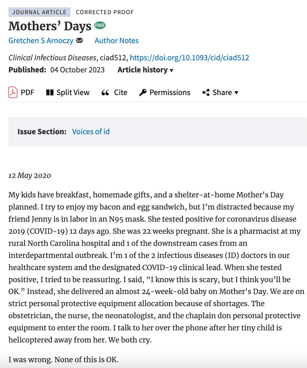 Paul Sax (@paulsaxmd) on Twitter photo In a beautifully structured, moving example from our new Voices of ID series in <a href="/CIDJournal/">Clinical Infectious Diseases</a>, Dr. <a href="/GretchenArnoczy/">Gretchen Arnoczy</a> looks back on 4 consecutive Mothers’ Days -- 2020 to 2023.
If you get tears in your eyes reading this, you are not alone!
doi.org/10.1093/cid/ci…
1/2 In a beautifully structured, moving example from our new Voices of ID series in <a href="/CIDJournal/">Clinical Infectious Diseases</a>, Dr. <a href="/GretchenArnoczy/">Gretchen Arnoczy</a> looks back on 4 consecutive Mothers’ Days -- 2020 to 2023.
If you get tears in your eyes reading this, you are not alone!
doi.org/10.1093/cid/ci…
1/2