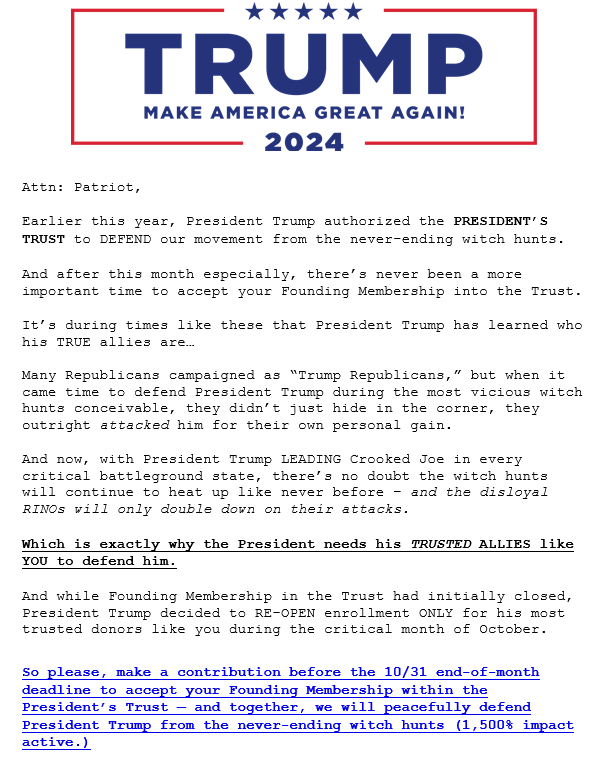 IamVyv's tweet photo. His "Keep me out of prison" #Scampac is now known as, "The President's Trust". His latest #Griftmail clearly explains it is about.
Defend "our" movement, my arse! ๐It is all about paying his legal bills.
Surely there is an authorising body that should investigate this? https://t.co/oeqsVAP5HO