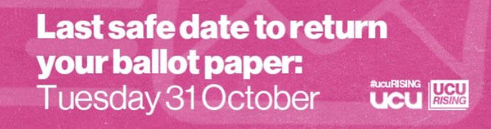 🚨TOMORROW, Tuesday 31 October is the LAST SAFE postal date for your @ucu ballot paper.  If yours is still on the bookshelf, please remember to take it to your nearest post box 🚨

#ucuRISING #GTVO #EnoughIsEnough #NoToPrecarity