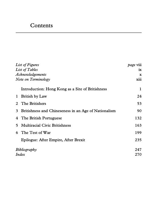 Really excited that my book with <a href="/cambUP_History/">Cambridge University Press - History</a> <a href="/CambridgeUP/">Cambridge University Press</a>, Multiracial Britishness: Global Networks in Hong Kong, 1910-45, will be out this Thursday on 2 November! Here's a glimpse of the contents page :) 

Order here: cambridge.org/gb/universityp…

#hongkonghistory #hkhist #香港史