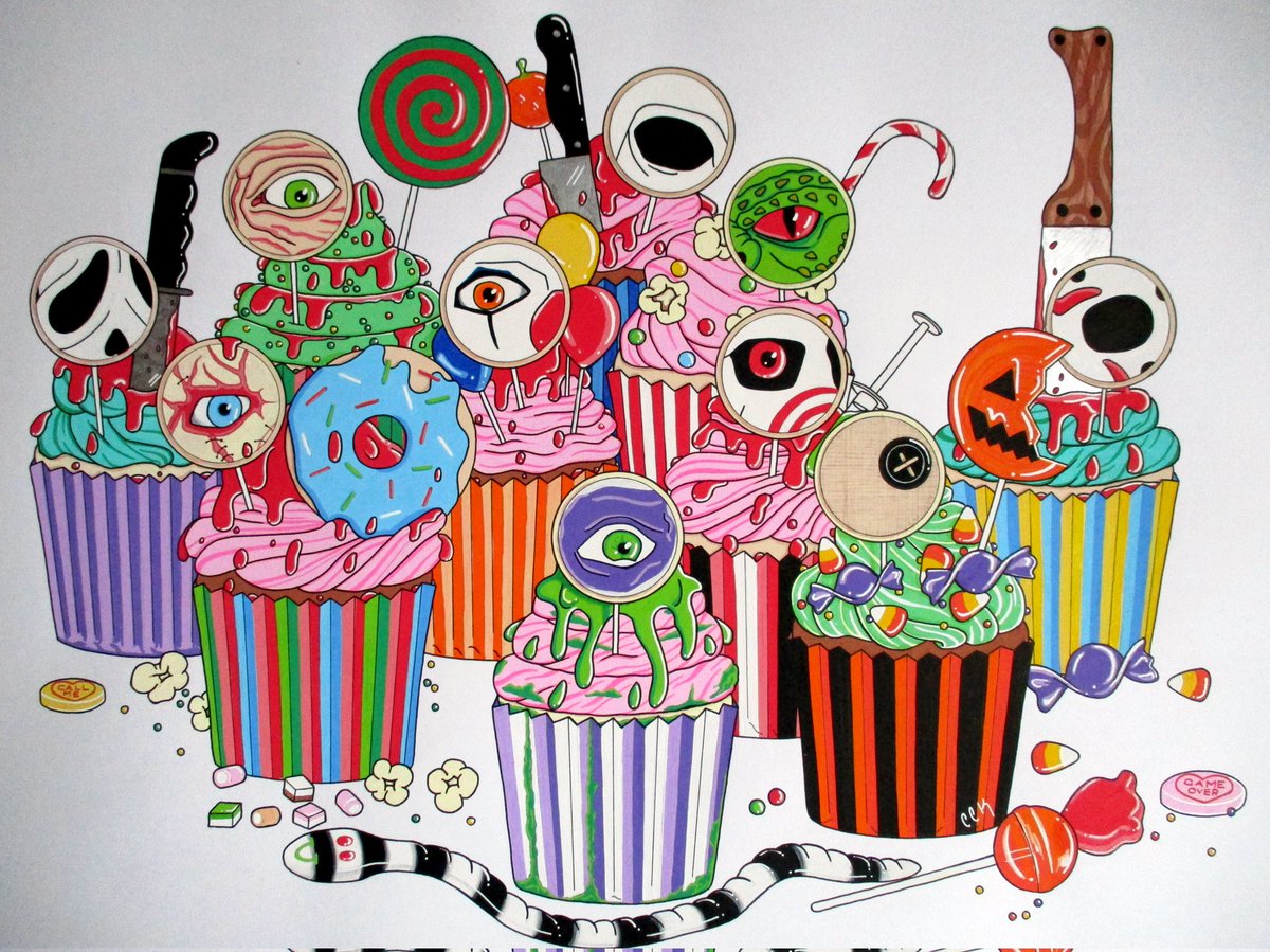#Horror Characters #Cupcakes #Posca & Gel Pen #Drawing on apx A2 paper #art #artist #artwork #independentartist #halloweenfilms #halloweenart #horrorart #candy #scream #chucky #beetlejuice #halloween #saw #candycanes #icing #trickrtreat #poscapens #poscadrawing  #illustration