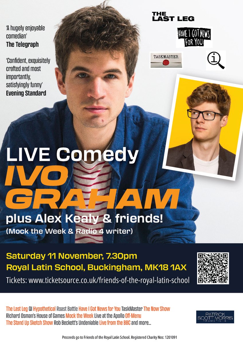 Join us for a fantastic evening with two of the country's top comedians who will be performing LIVE at The Royal Latin School in Buckingham. Book/info: ticketsource.co.uk/friends-of-the… #ivograham #alexkealy @RLS_Headteacher @RLS6thform @DramaRls @UniOfBuckingham @BuckinghamTC @BandW_Adv