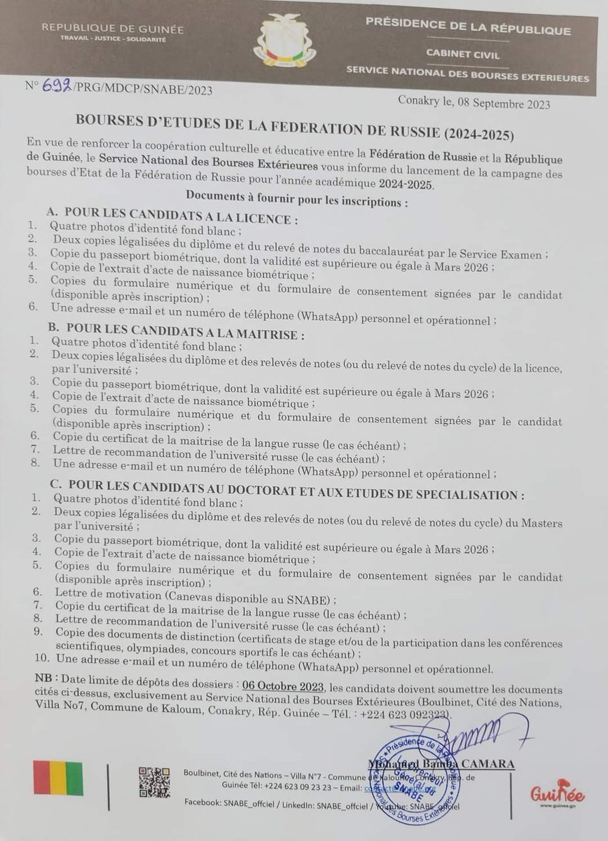 etudiantguineen's tweet photo. #Statut #Information #SNABE

La Direction Générale du Service National des Bourses Extérieures informe tous les potentiels candidats, que la procédure de dépôt des dossiers de candidature au SNABE et l'inscription des candidats sur la plate-forme des bourses d'études de la Fédération de Russie est prolongée jusqu'au 15 Décembre 2023.

 #Note : 
Les inscriptions des candidats se feront exclusivement auprès du SNABE. Aucun dossier de candidature faite hors du SNABE ne sera accepté.
Tous les candidats sont priés de se rendre au SNABE, pour procéder à leur inscription.

 #SNABE #Guinee #etudiantguineen