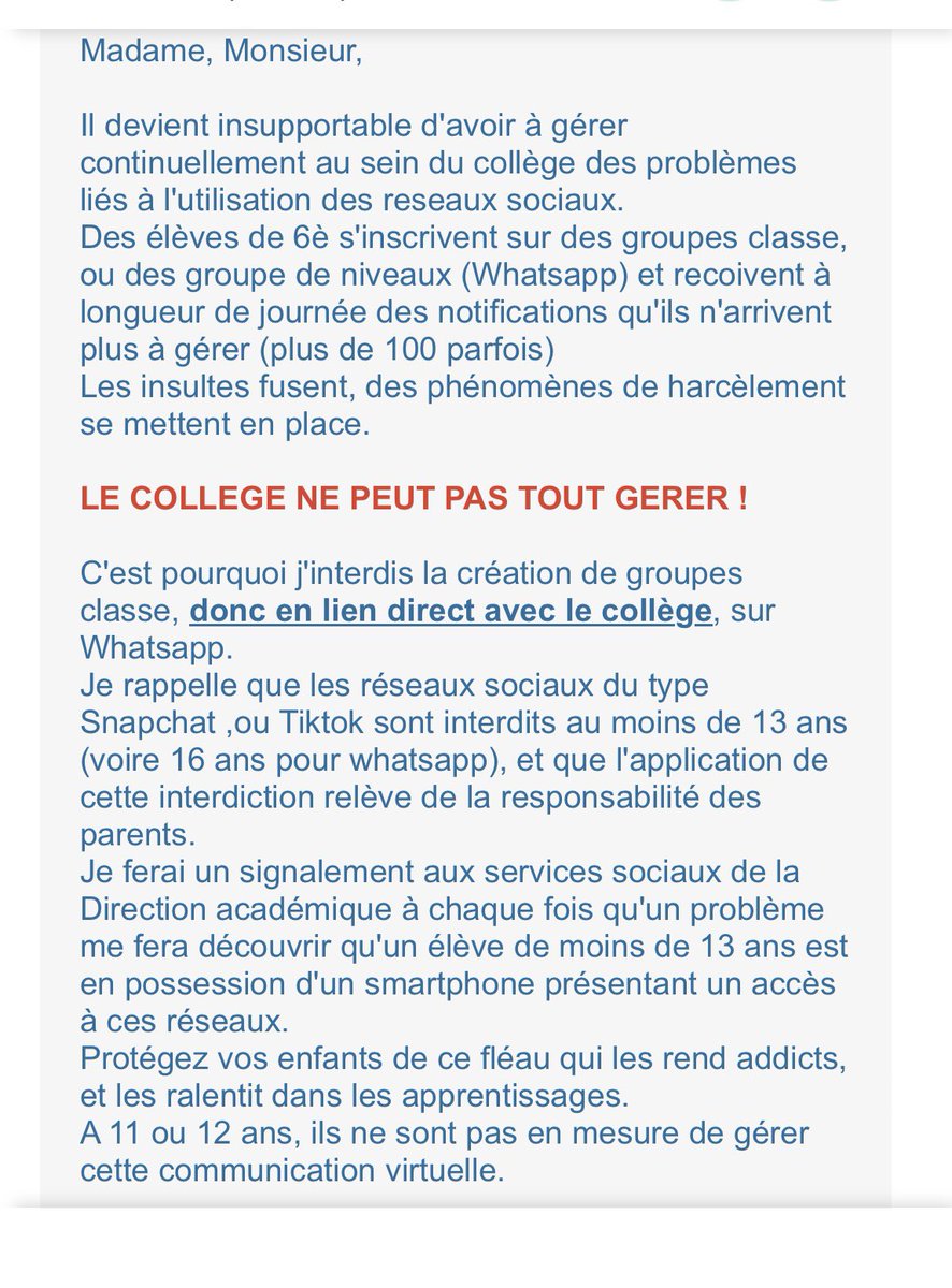 Au collège les réseaux sociaux sont un fléau qui pourrit la vie des élèves et des adultes. J’ai décidé d’envoyer ce message aux parents. <a href="/education_gouv/">Ministère Éducation nationale</a> <a href="/GabrielAttal/">Gabriel Attal</a>