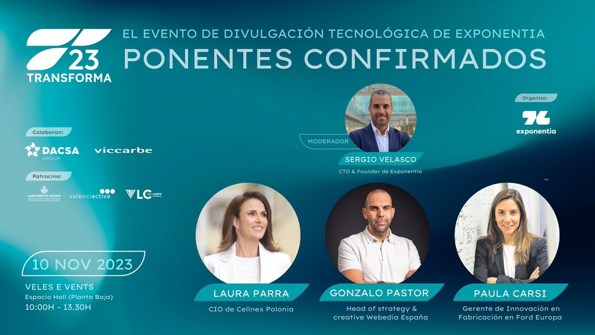 En el #Transforma23 hablaremos de tecnologías disruptivas.

Con Laura Parra, CIO de Cellnex Polonia; Gonzalo Pastor, Head of strategy &amp; creative en Webedia; y Paula Carsi, Gerente de Innovación en Fabricación en Ford. Y como moderador el CTO en #Exponentia, Sergio Velasco.