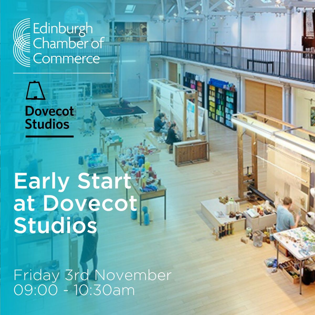 EdinChamber's tweet image. Join us on 3rd November at @DovecotStudios  for our #EarlyStart event. Enjoy refreshments  while overlooking the weaving floor with its stunning Victorian vaulted ceiling and colourful  wool spool wall displays, while networking. #EarlyStart #DovecotStudios #networking