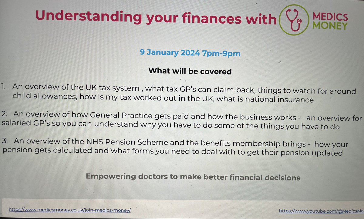 I am delighted to be assisting Selva in running a session in January for London IMG GP doctors with @MedicsMoney . GP finance & the UK tax system is complicated so hopefully some pointers on how to navigate some of the challenges