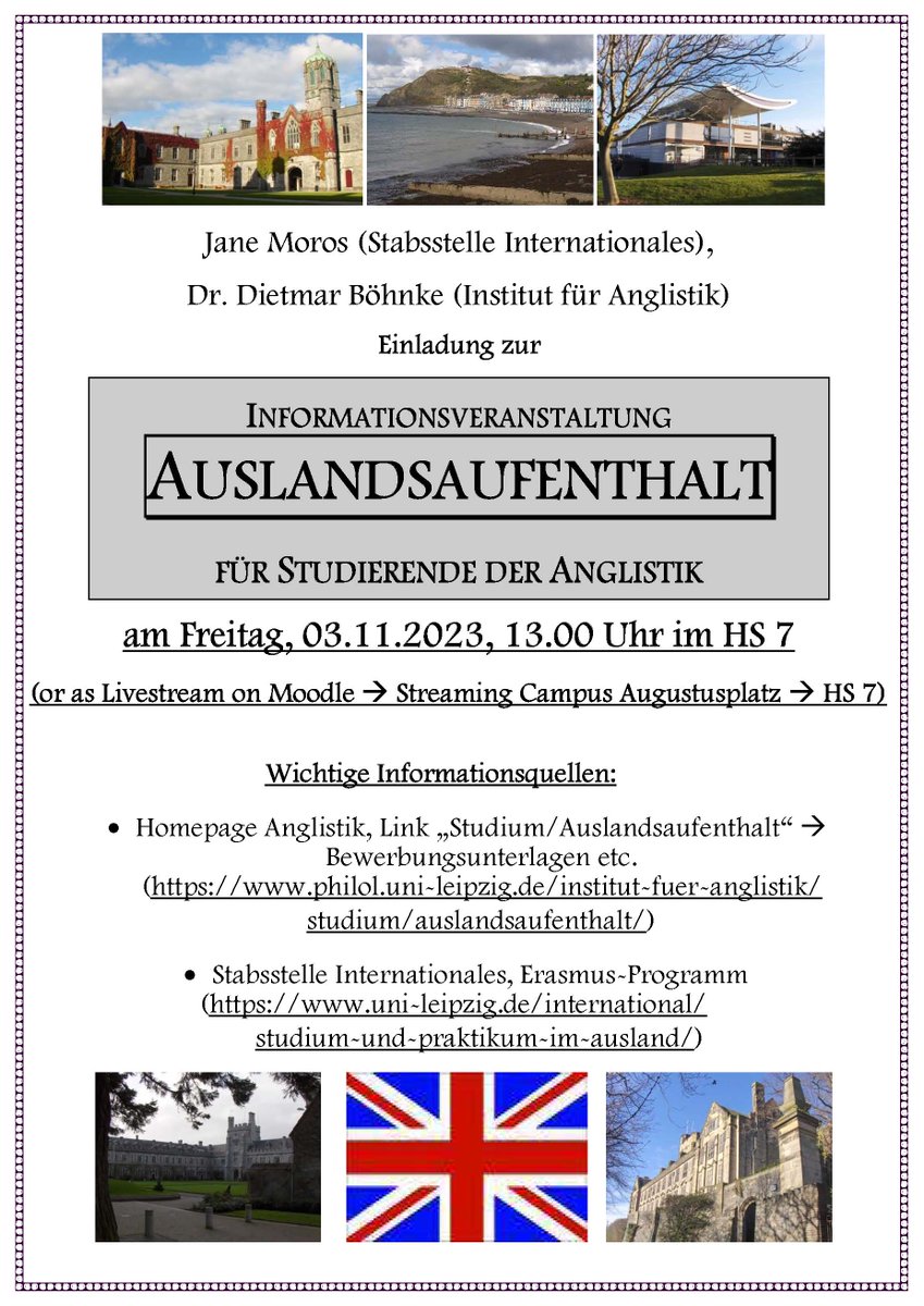 Am Freitag, dem 03.11.2023, 13 Uhr, findet die alljährliche  Informationsveranstaltung Auslandsaufenthalt für Studierende der Anglistik statt.
philol.uni-leipzig.de/institut-fuer-…