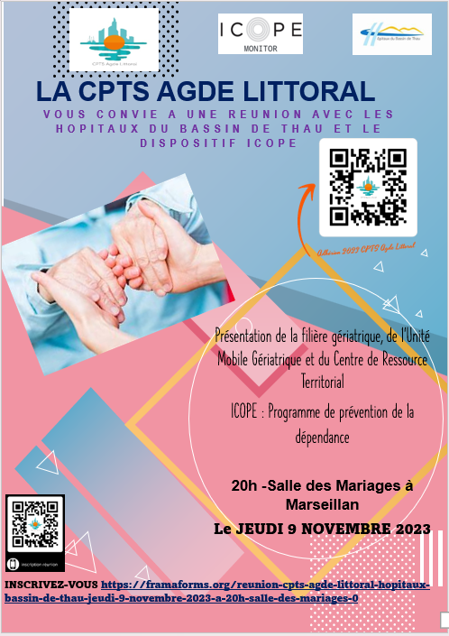 AgdeCpts's tweet photo. Prochain rdv  : le 9 novembre, 20h à Marseillan
- Lien Ville Hôpital: filière gériatrique, l'unité mobile des hôpitaux du Bassin de Thau et la création du Centre de ressources territorial sur Agde 
- ICOPE: prévention de la dépendance en cours de déploiement sur notre territoire. https://t.co/NtHzVrsWYP