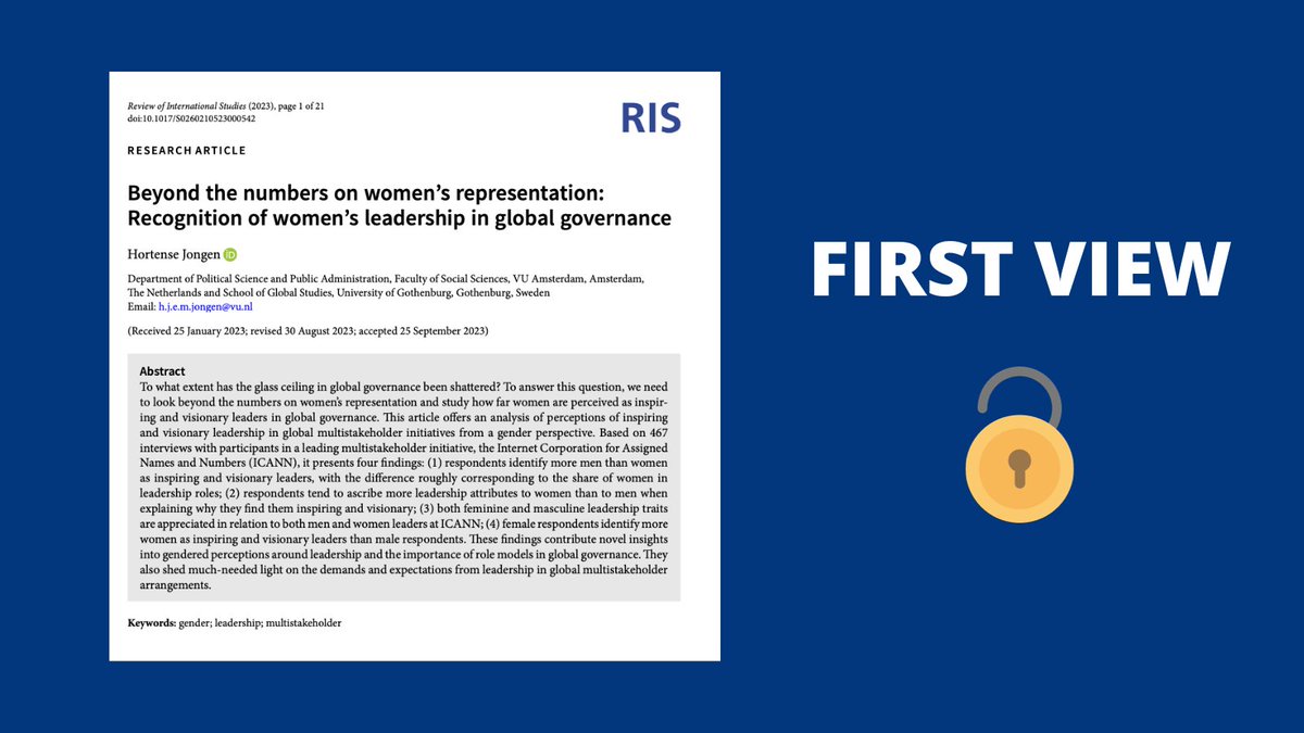 🚨New first view article🚨   

"Beyond the numbers on women’s representation: Recognition of women’s leadership in global governance" by <a href="/HortenseJongen/">Hortense Jongen</a> in <a href="/RISjnl/">RIS</a>

It's #OpenAccess 🔓⤵️
cambridge.org/core/journals/…