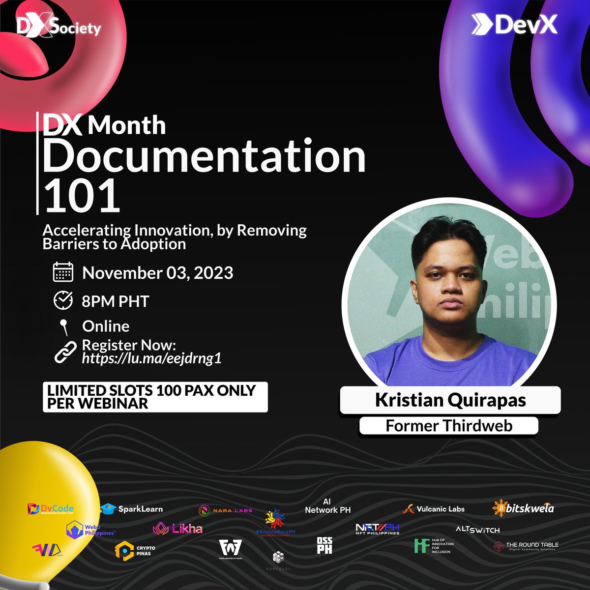 Join us for Documentation 101 during DX Month with @YourCompanyCTO.

📅 November 3, 2023, 8PM PHT
🔗 Register Now: lu.ma/eejdrng1
🚨 LIMITED TO 100 PAX ONLY 

Don't miss this out and become a documentation pro. 

#DXMonth #DevX101 #Documentation #VulcanicLabs