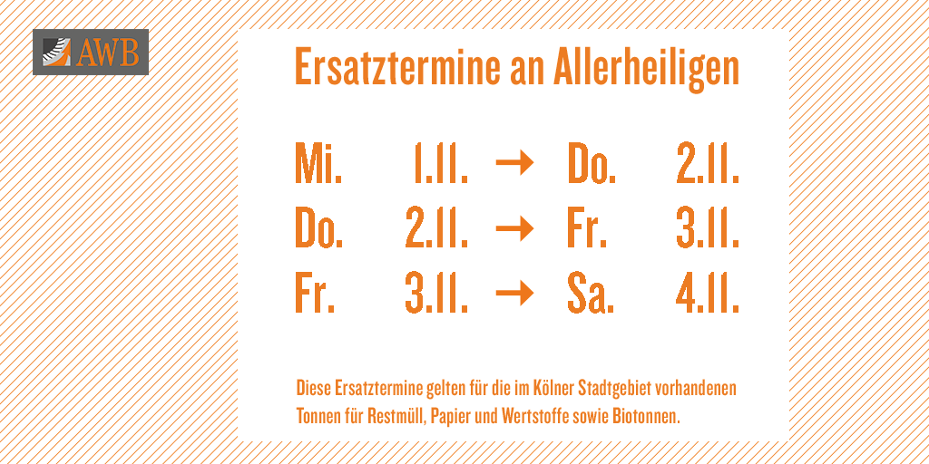 awbkoeln_info's tweet photo. Aufgrund des Feiertags am 1. November verschieben sich die #Abfuhrtermine in dieser Woche ab dem Mittwoch jeweils um einen Werktag nach hinten. Wir wünschen euch einen schönen Feiertag!
#AWBkoeln #müllabfuhr #teamAWB https://t.co/GFeBPzAxTw