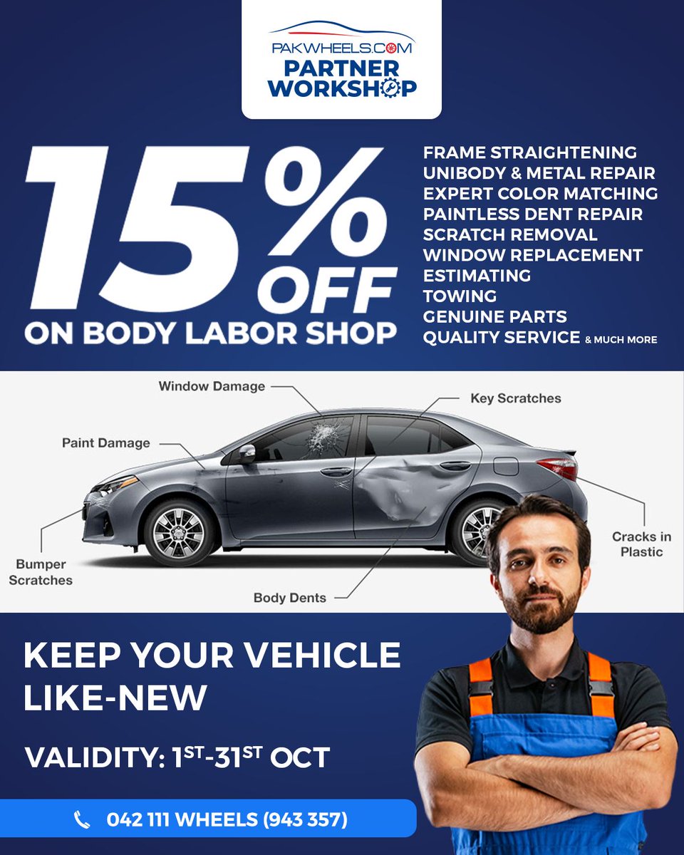 PakWheels's tweet photo. Revamp your ride with 15% off on body labor at our PakWheels partner workshop! 🚗✨

Don't miss out on this amazing offer! 
Submit a request here: https://t.co/V1yqugK36W 

#PakWheels #PWPartnerWorkshop #PartnerWorkshop https://t.co/FTmjYbMLMv