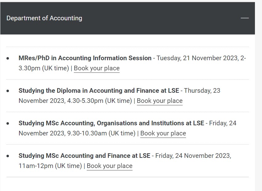 The Department of Accounting <a href="/LSE_Accounting/">LSE Accounting</a> will be hosting a number of postgraduate accounting sessions on the 21st to 24 November. Register under the "Academic Department Sessions" lse.ac.uk/study-at-lse/m… #LSEOpenDay <a href="/StudyLSE/">Study at LSE</a>
