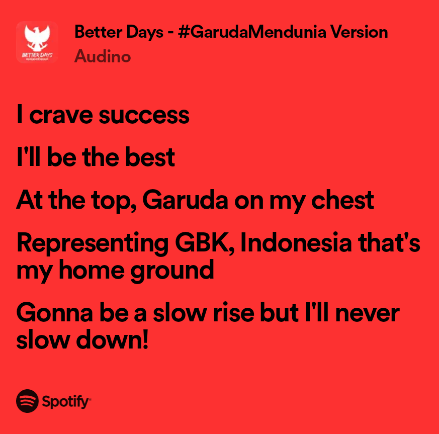 #GarudaMendunia
<a href="/Au_Dino/">Audino MUSIC 🇮🇩 🇵🇸</a> <a href="/erickthohir/">Erick Thohir</a> <a href="/PSSI/">PSSI</a>
open.spotify.com/track/4F1P1Maw…