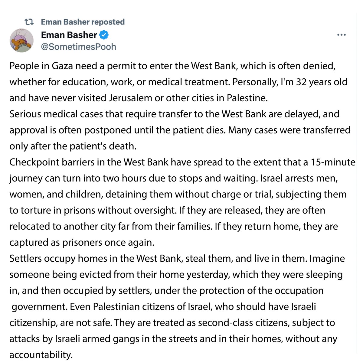 n7ool_91's tweet photo. Eman Basher (@SometimesPooh) a  teacher and a mother of four, shedding light on how the 7th of October  was just an excuse to provoke people's emotions, and how they have been continuously for their whole life denied all basic human rights to live a  normal life. https://t.co/ZKD6W5Cv8z
