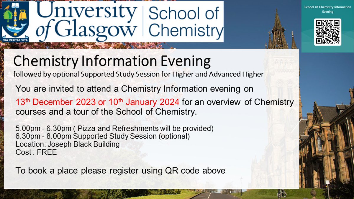 Please find attached details of information evening sessions with optional supported study being held in the School of Chemistry. Hope you can join us