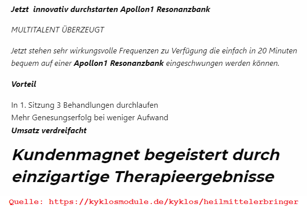 Die technische Seite der 'Quantenheilung' - Ein kleiner Thread.

Ich denke nahezu jeder in meiner Bubble hat den kleinen 'Shitstorm' um Rüdiger und seine Apollon1-Therapieliege mitbekommen

Natürlich ist das Humbug und Betrug und überschreitet die Grenzen der Legalität, aber 1/14