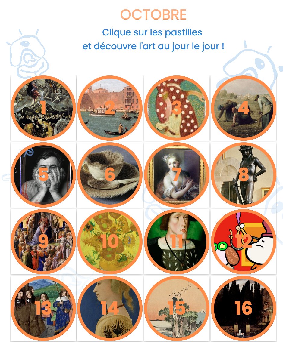 AnnarelliB's tweet photo. #leclicpedagogique - Un calendrier de @sartmuser  pour découvrir une œuvre d'art chaque jour... avec des explications et des vidéos @lumnifr associées. https://t.co/NKeh1NwYFW