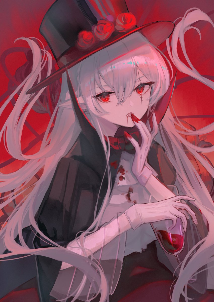 1girl red eyes official alternate costume hat solo long hair pointy ears  illustration images