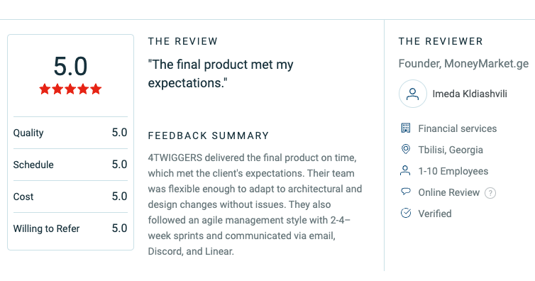 ✊ A satisfied client with the work of 4Twiggers' crew. The client requested a full package of services, including front-end, back-end, and UI/UX design. 😌