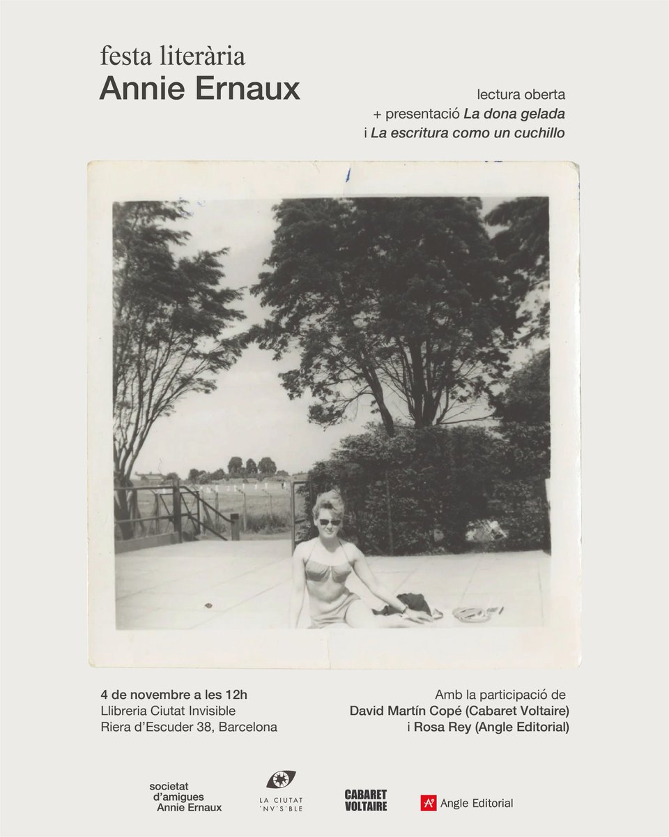 [DISSABTE 4/11 · 12H]

Celebrarem l'estimada #AnnieErnaux a <a href="/lacomunalsants/">La Comunal</a> gràcies a <a href="/societaternaux/">Societat d’Amigues d’Annie Ernaux</a>, <a href="/angleeditorial/">Angle Editorial</a> i <a href="/cabaretvoltaire/">Cabaret Voltaire</a>! Aprofitarem per parlar amb l'editora i l'editor perquè ens presentin les últimes novetats publicades i fer una mica de vermut!