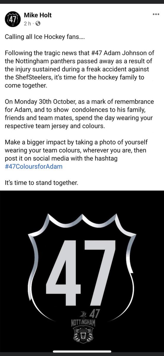 Calling all Ice Hockey fans. On Monday 30th October, spend the day wearing your respective team jersey and colours. Make a bigger impact by taking a photo of yourself wearing your team colours, wherever you are, then post it on social media with the hashtag #47ColoursforAdam